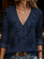 CELESTINE | VINTAGE FLORAL EMBROIDERED FRILL V-NECK SHIRT