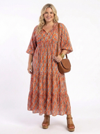 Amara | Geometric Print V Neck Tiered Midi Dress