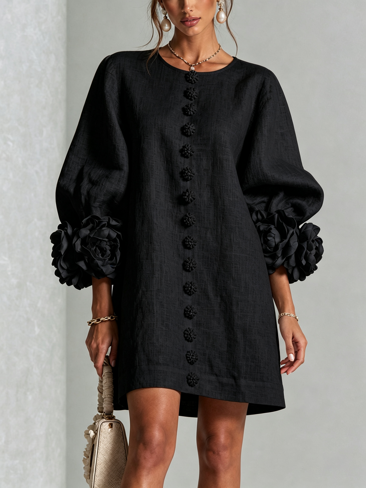 Susanna | Button-Front Floral-Cuff Mini Dress