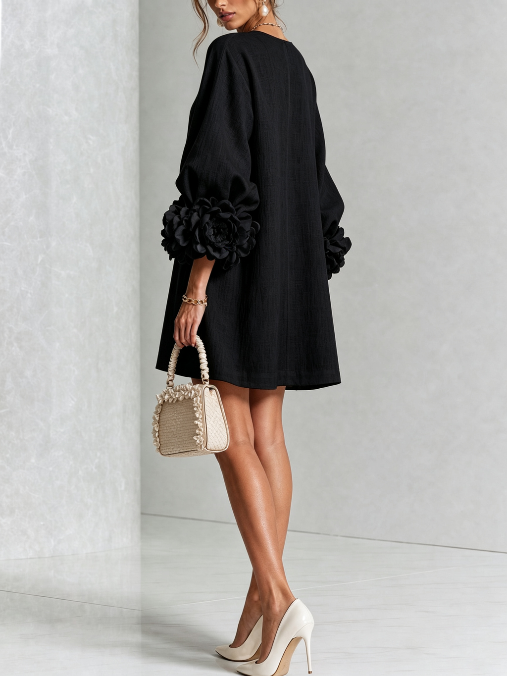Susanna | Button-Front Floral-Cuff Mini Dress
